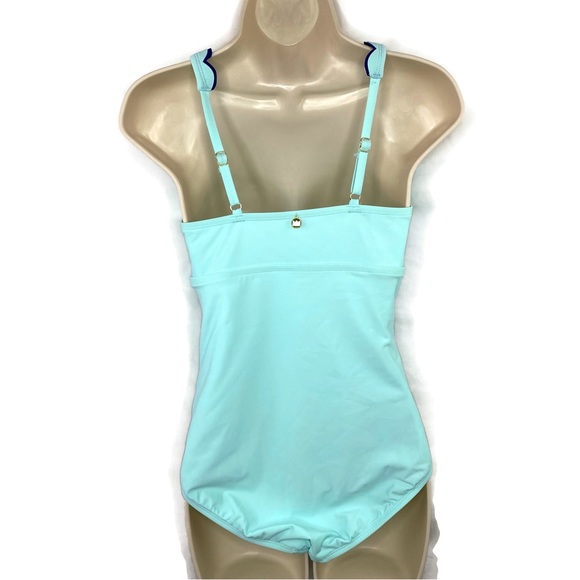 Crown & Ivy Double Scallop One Piece Swimsuit Aqua and Navy Medium - Picture 3 of 7